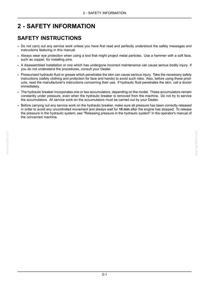 May include: A document page titled 2-SAFETY INFORMATION containing safety instructions for a hydraulic breaker. The text outlines requirements for eye protection, proper maintenance, handling pressurized hydraulic fluid, and accumulator service.
