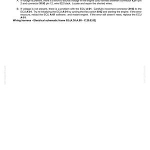 May include: A white document with the title "DISTRIBUTION SYSTEMS - FAULT CODES" and troubleshooting steps for an engine's electrical system. Includes instructions for checking voltage, reconnecting connectors, and addressing ECU issues. The document also includes the text "Wiring harness - Electrical schematic frame 02".