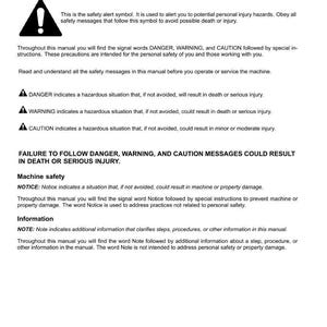 May include: A page from a manual titled "Safety rules" with the introduction. The text includes safety alert symbols and explanations of DANGER, WARNING, and CAUTION messages. It also covers machine safety and information notes.