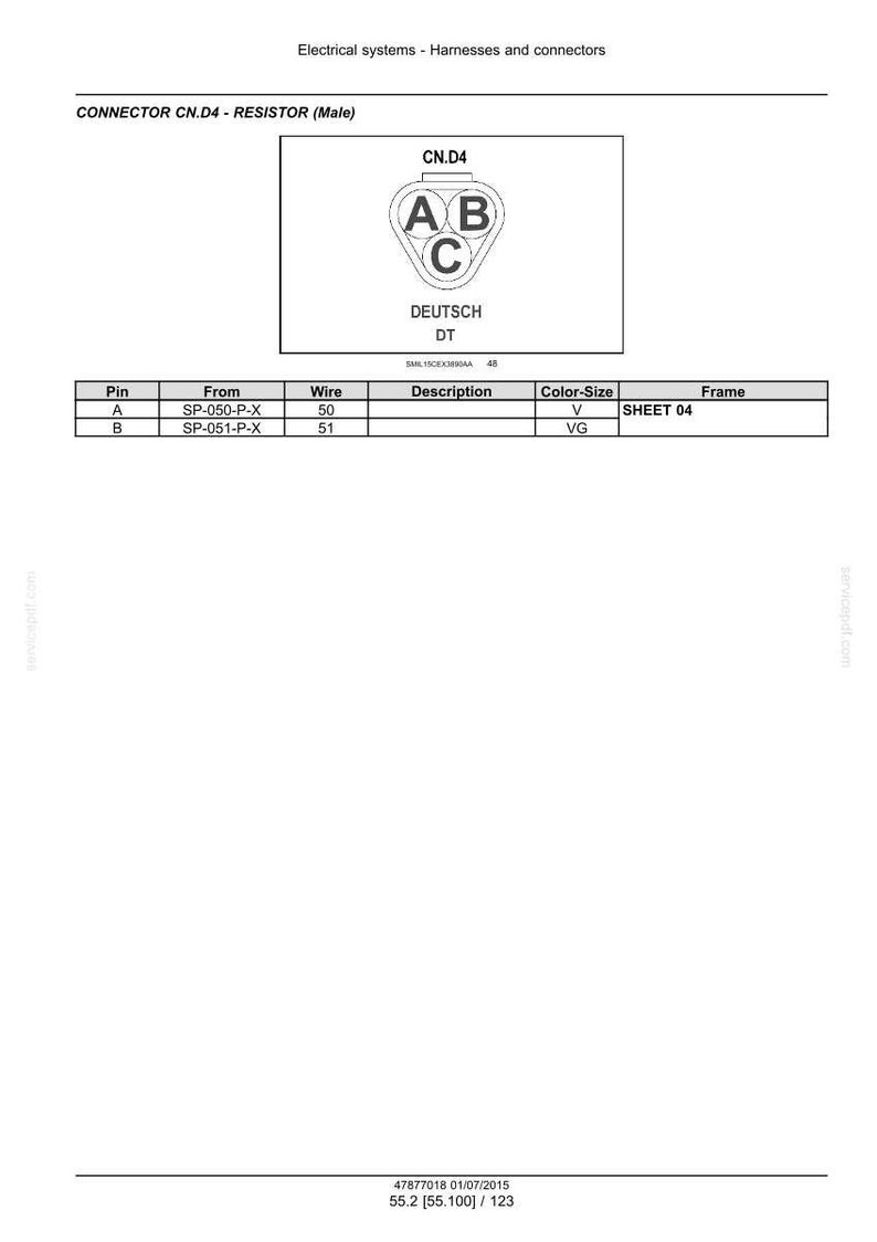 Puede incluir: Diagrama t&eacute;cnico de un conector el&eacute;ctrico CN.D4, con un s&iacute;mbolo de resistencia y la palabra "DEUTSCH". Una tabla proporciona detalles sobre las conexiones de los pines, los n&uacute;meros de los cables y la informaci&oacute;n de color-tama&ntilde;o. Con fecha del 01/07/2015.