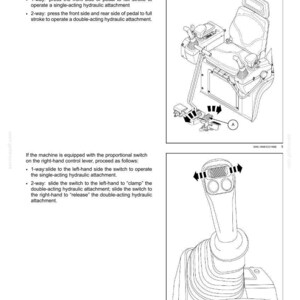 May include: Diagram of operating controls for a machine, including a seat, levers, and pedals. The image shows instructions for operating single and double-acting hydraulic attachments. Text includes "9 - ACCESSORIES" and "Operating controls."