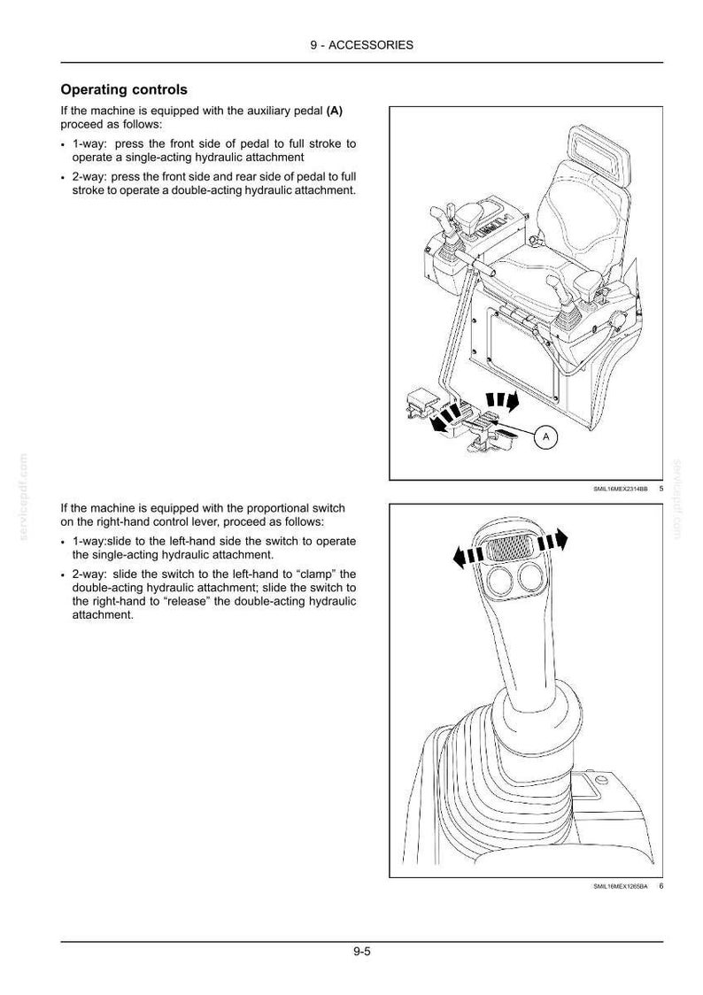 May include: Diagram of operating controls for a machine, including a seat, levers, and pedals. The image shows instructions for operating single and double-acting hydraulic attachments. Text includes "9 - ACCESSORIES" and "Operating controls."