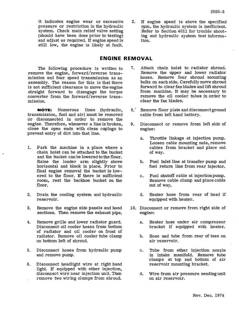 Puede incluir: Una p&aacute;gina de un manual titulada "EXTRACCI&Oacute;N DEL MOTOR" con instrucciones y diagramas detallados. El texto describe los procedimientos para extraer un motor, incluida la desconexi&oacute;n de varios componentes y l&iacute;neas. El documento est&aacute; fechado Rev. Dic. 1974.