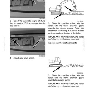 May include: Operating instructions for a machine with and without attachments. Diagrams show how to align the machine with a trailer, including raising the attachment and selecting travel speed. Text includes important notes.