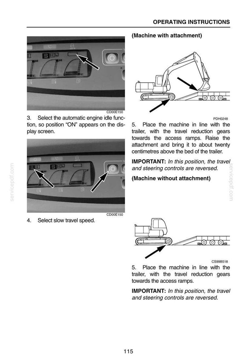 May include: Operating instructions for a machine with and without attachments. Diagrams show how to align the machine with a trailer, including raising the attachment and selecting travel speed. Text includes important notes.