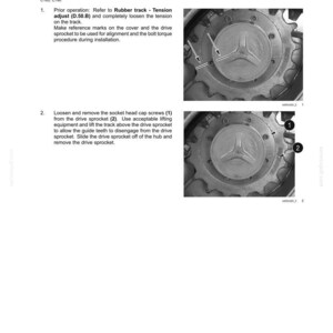 Puede incluir: Una p&aacute;gina de manual t&eacute;cnico titulada Drive sprocket - Remove, con dos fotograf&iacute;as en blanco y negro de un pi&ntilde;&oacute;n de transmisi&oacute;n. Las im&aacute;genes muestran un cubo central con un emblema de tres puntas, rodeado de pernos y dientes para orugas.