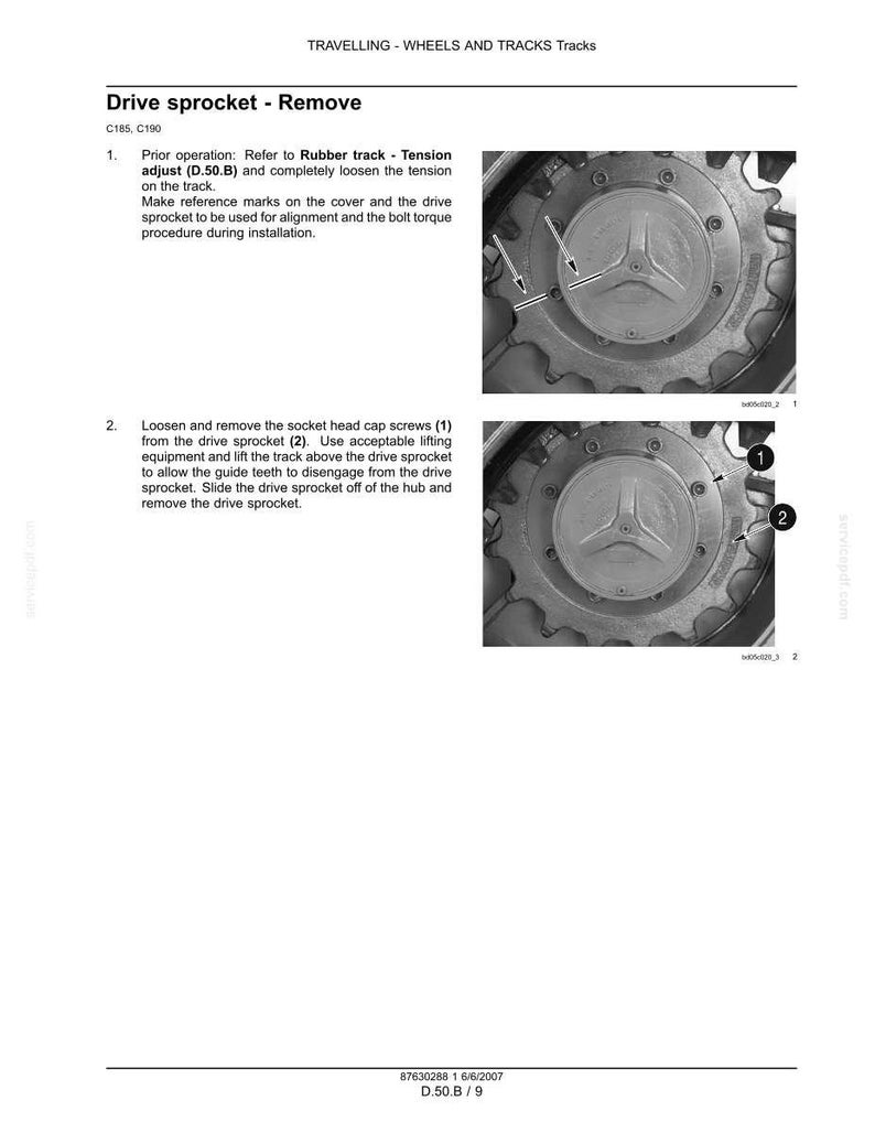 Puede incluir: Una p&aacute;gina de manual t&eacute;cnico titulada Drive sprocket - Remove, con dos fotograf&iacute;as en blanco y negro de un pi&ntilde;&oacute;n de transmisi&oacute;n. Las im&aacute;genes muestran un cubo central con un emblema de tres puntas, rodeado de pernos y dientes para orugas.