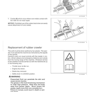 May include: A page from a maintenance manual with diagrams and text. The diagrams show mechanical components, and the text provides instructions and safety warnings about replacing a rubber crawler and related maintenance procedures.