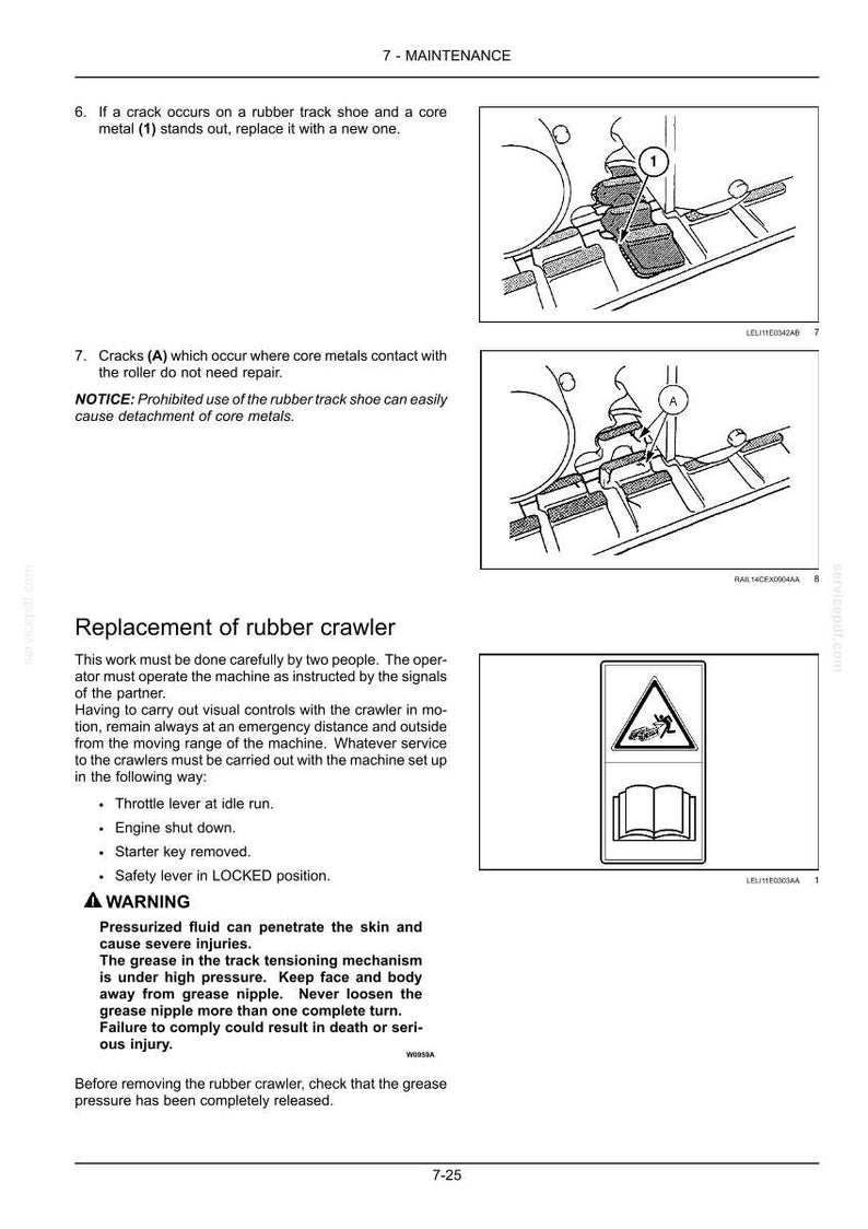 May include: A page from a maintenance manual with diagrams and text. The diagrams show mechanical components, and the text provides instructions and safety warnings about replacing a rubber crawler and related maintenance procedures.