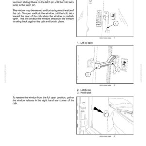 May include: Diagram of a window latch mechanism with numbered steps for operation. Includes illustrations of lifting, latching, and releasing the window. Text explains the process for opening and closing the window.