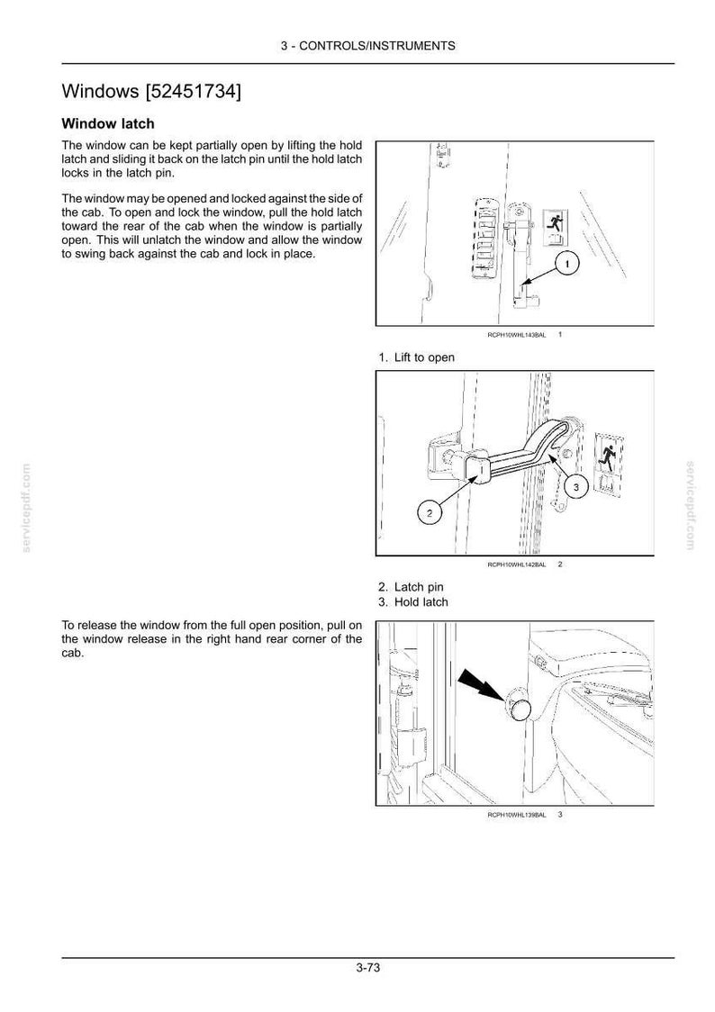 May include: Diagram of a window latch mechanism with numbered steps for operation. Includes illustrations of lifting, latching, and releasing the window. Text explains the process for opening and closing the window.