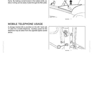 May include: A technical manual page titled 3 - CONTROLS/INSTRUMENTS featuring two black and white line drawings. The top diagram shows cable routing through a window frame aperture labeled 1. The bottom diagram illustrates a mobile telephone storage bracket labeled 1 on a vehicle cab pillar.
