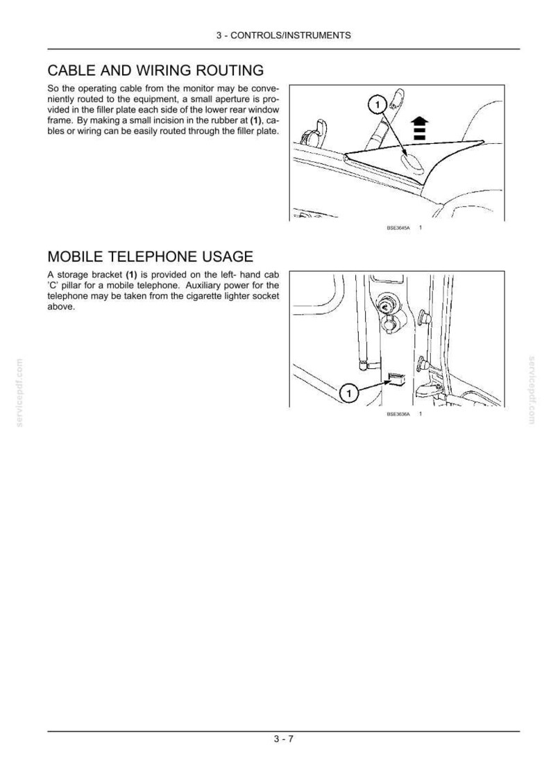 May include: A technical manual page titled 3 - CONTROLS/INSTRUMENTS featuring two black and white line drawings. The top diagram shows cable routing through a window frame aperture labeled 1. The bottom diagram illustrates a mobile telephone storage bracket labeled 1 on a vehicle cab pillar.