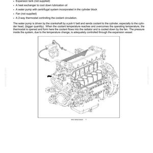 May include: Diagram of an engine cooling system, showing components like the expansion tank, heat exchanger, water pump, and thermostat. The text provides an overview of the system's function and operation.