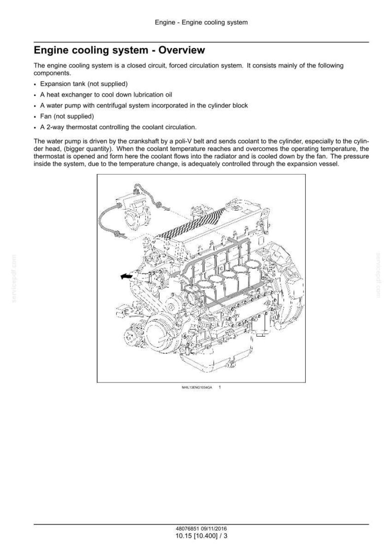 May include: Diagram of an engine cooling system, showing components like the expansion tank, heat exchanger, water pump, and thermostat. The text provides an overview of the system's function and operation.