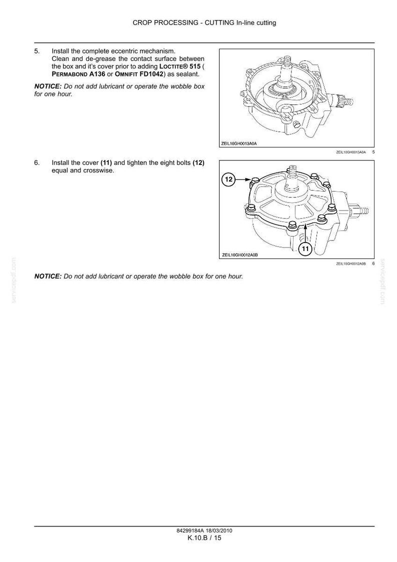 May include: Diagram of a mechanical component assembly process. Instructions include installing an eccentric mechanism, cleaning surfaces, and installing a cover with eight bolts. The image includes technical drawings and labels.
