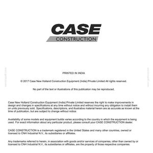 May include: A white document with the text "CASE CONSTRUCTION" in bold black letters. The document includes the text "Printed in India" and copyright information for Case New Holland Construction Equipment.