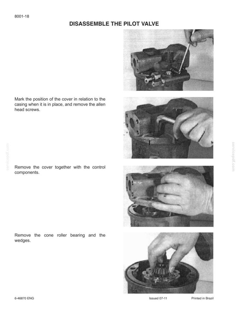 May include: A grayscale instructional diagram titled "DISASSEMBLE THE PILOT VALVE." The image shows a series of steps, including removing screws, cover, and bearing. Text instructions accompany the images. The document is labeled "6-46870 ENG" and "Printed in Brazil."