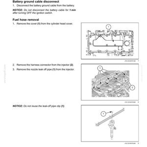Puede incluir: Diagrama de culatas de motor con instrucciones para quitar v&aacute;lvulas, incluyendo desconectar el cable de la bater&iacute;a y quitar la tapa, el conector del arn&eacute;s y el tubo de fuga de la boquilla. El texto incluye "AVISO: No reutilice la abrazadera del tubo de fuga (1)."
