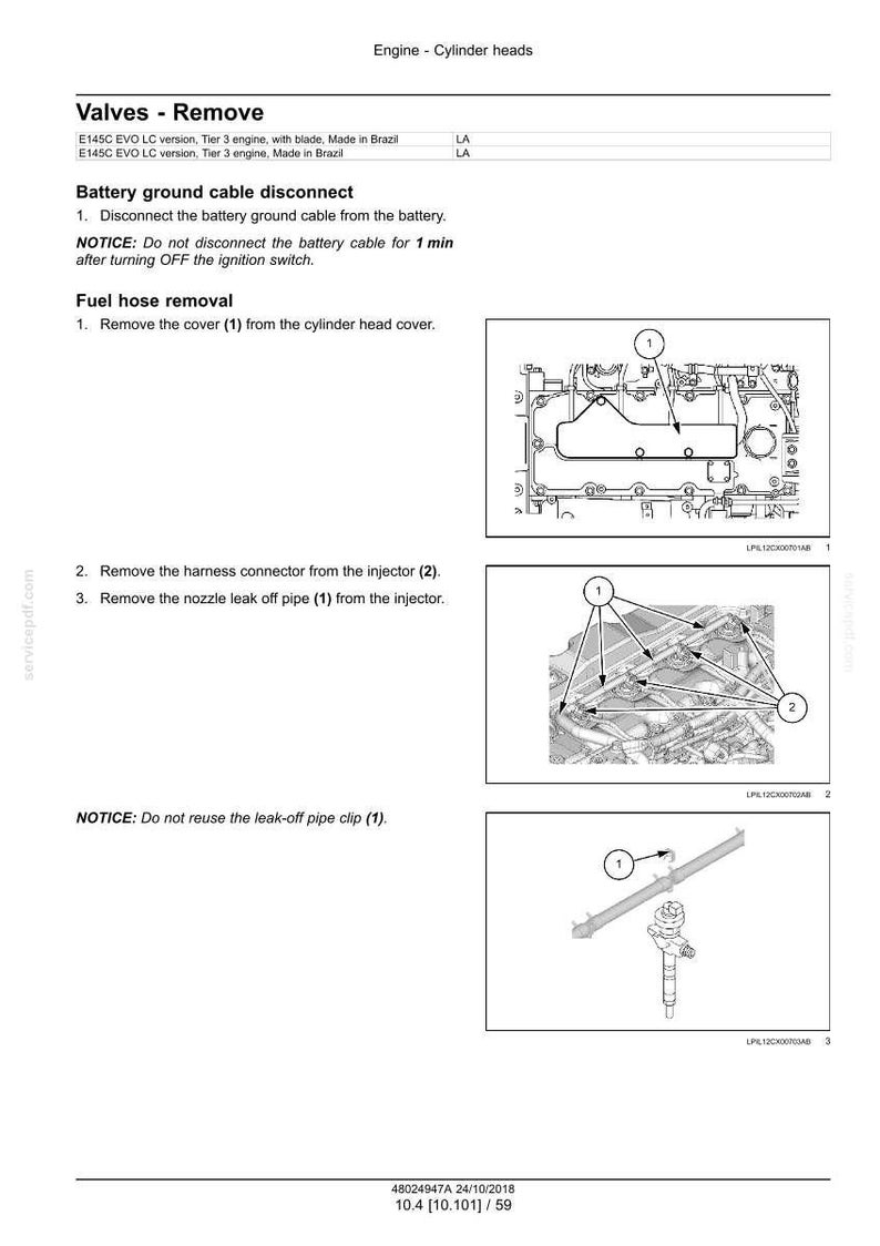 Puede incluir: Diagrama de culatas de motor con instrucciones para quitar v&aacute;lvulas, incluyendo desconectar el cable de la bater&iacute;a y quitar la tapa, el conector del arn&eacute;s y el tubo de fuga de la boquilla. El texto incluye "AVISO: No reutilice la abrazadera del tubo de fuga (1)."