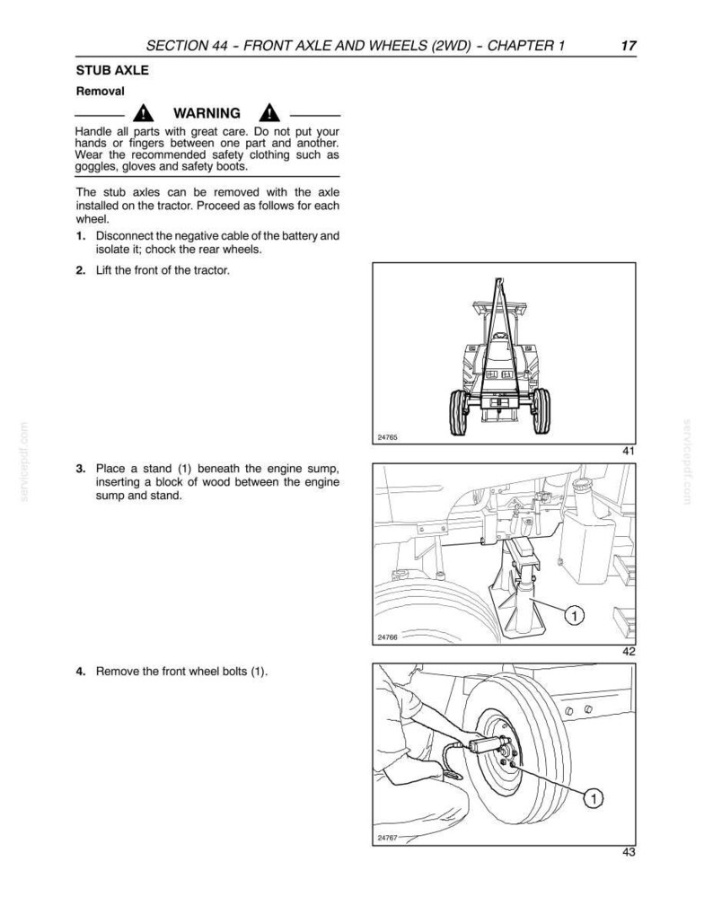 May include: A technical manual page titled SECTION 44 - FRONT AXLE AND WHEELS (2WD) - CHAPTER 1, detailing stub axle removal. It includes a warning, numbered instructions, and three black and white line drawings showing a tractor, a stand, and bolts.