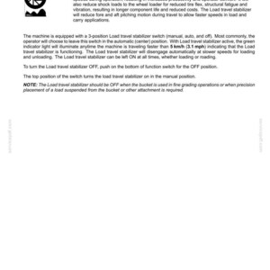 May include: A technical document page titled 4-OPERATING INSTRUCTIONS featuring text about a Load travel stabilizer for a wheel loader. It includes a circular icon, descriptions of a 3-position switch, and mentions speeds of 5 km/h or 3.1 mph.