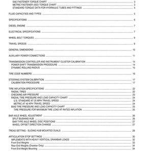 May include: A white printed document titled "TABLE OF CONTENTS" with a list of technical specifications. The document includes sections on torque, fluid capacities, diesel engines, and tire specifications. Printed in the U.S.A.