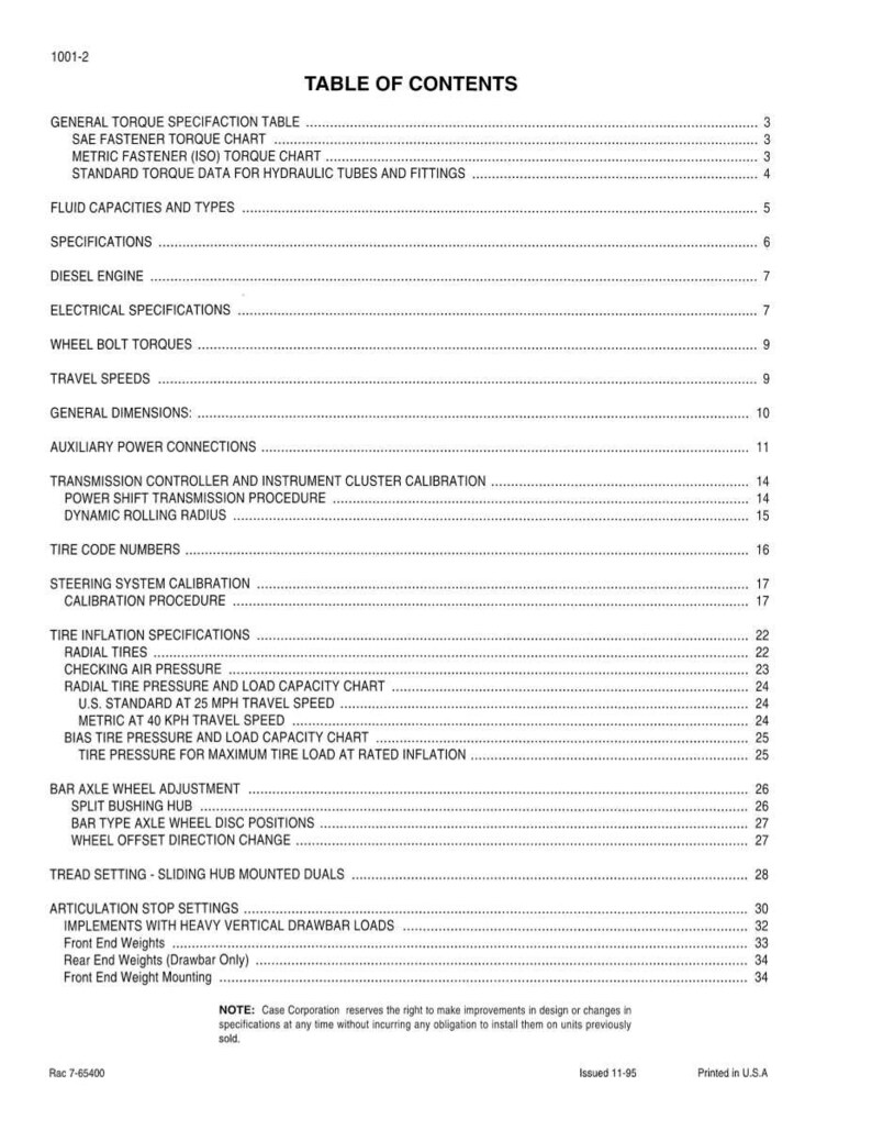 May include: A white printed document titled "TABLE OF CONTENTS" with a list of technical specifications. The document includes sections on torque, fluid capacities, diesel engines, and tire specifications. Printed in the U.S.A.