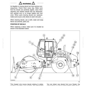 May include: A technical manual page titled SECTION 1 - TO THE OWNER/SAFETY featuring a black and white line drawing of a construction roller. The diagram includes numbered callouts from 1 to 17 pointing to specific decal locations on the heavy machinery.