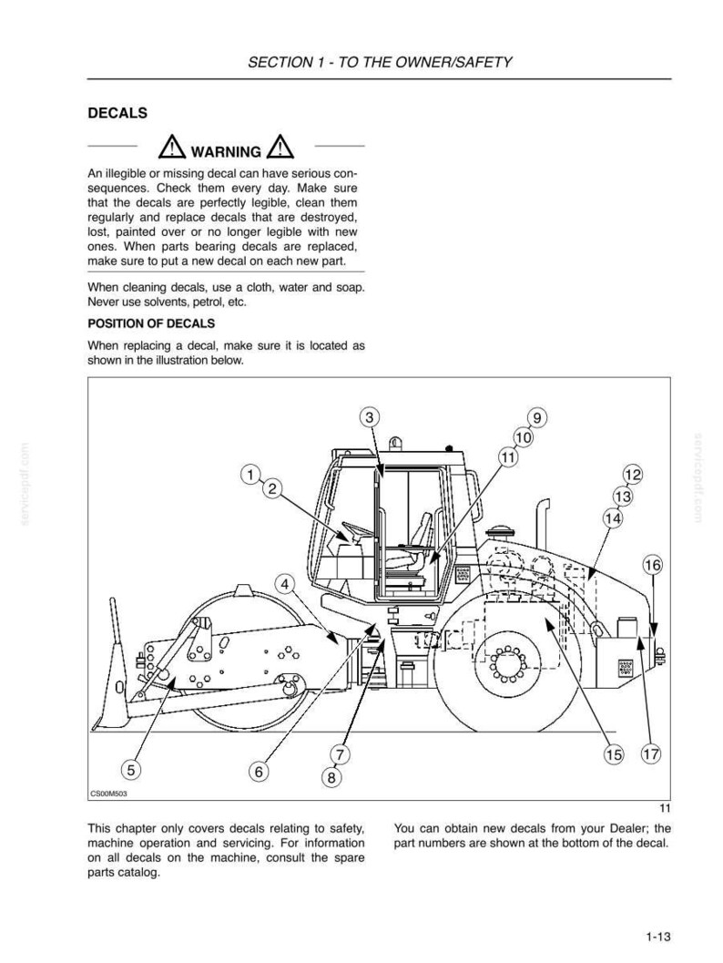 May include: A technical manual page titled SECTION 1 - TO THE OWNER/SAFETY featuring a black and white line drawing of a construction roller. The diagram includes numbered callouts from 1 to 17 pointing to specific decal locations on the heavy machinery.