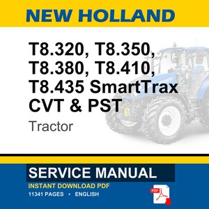 May include: A blue and white New Holland tractor is featured in this image. Text on the image includes "T8.320, T8.350, T8.380, T8.410, T8.435 SmartTrax CVT & PST Tractor". The image also includes the words "SERVICE MANUAL".