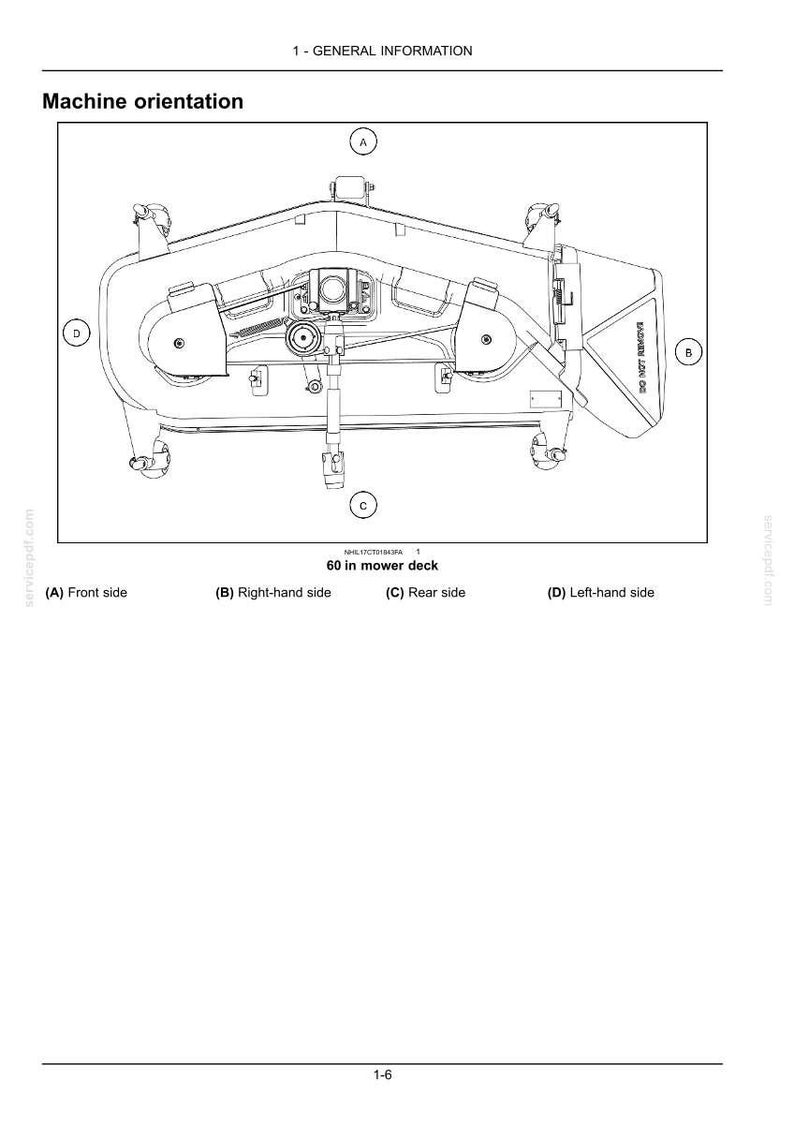 May include: A technical line drawing of a 60 inch mower deck showing machine orientation. The diagram includes labels A, B, C, and D indicating the front, right-hand, rear, and left-hand sides respectively, with a discharge chute on the right.