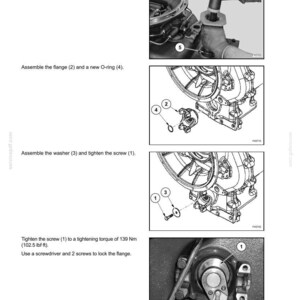 May include: A technical manual page titled SECTION 21 - TRANSMISSION, featuring four black and white diagrams illustrating the assembly of a seal ring, flange, O-ring, washer, and screw, with instructions including a torque specification of 139 Nm.