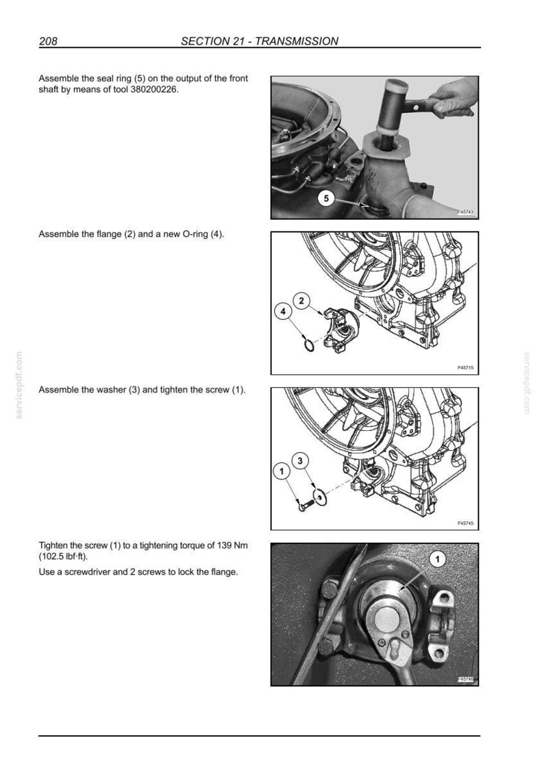 May include: A technical manual page titled SECTION 21 - TRANSMISSION, featuring four black and white diagrams illustrating the assembly of a seal ring, flange, O-ring, washer, and screw, with instructions including a torque specification of 139 Nm.