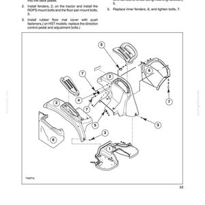 May include: A technical line drawing from Section 90 - Platform - Chapter 1, illustrating the installation of tractor components. The diagram displays numbered parts including fenders, floor pans, and fasteners with arrows indicating assembly points.