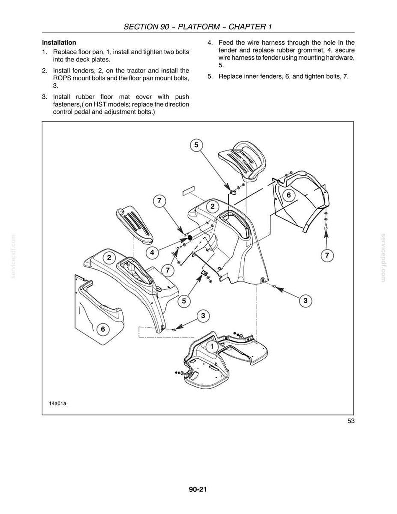 May include: A technical line drawing from Section 90 - Platform - Chapter 1, illustrating the installation of tractor components. The diagram displays numbered parts including fenders, floor pans, and fasteners with arrows indicating assembly points.