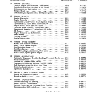 Op de afbeelding: Een zwart-wit inhoudsopgave voor een 310G-350 Crawler handleiding, gepubliceerd in december 1975. Het document bevat secties zoals motor, brandstofsystemen en hydraulica.