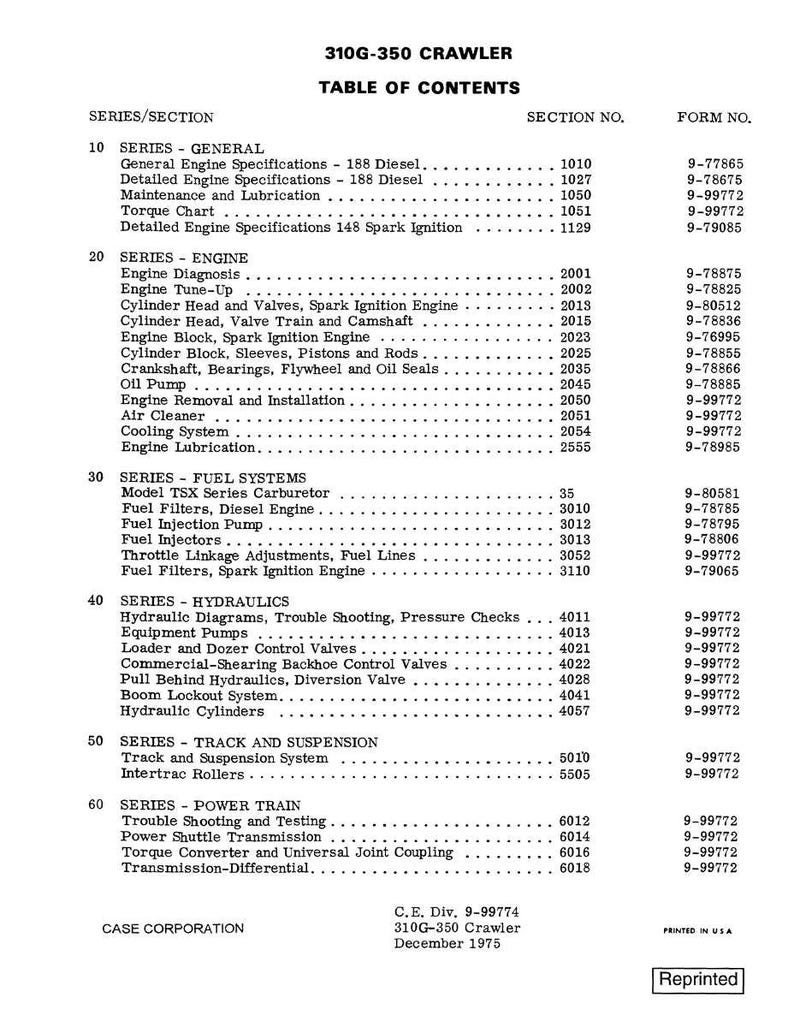 Op de afbeelding: Een zwart-wit inhoudsopgave voor een 310G-350 Crawler handleiding, gepubliceerd in december 1975. Het document bevat secties zoals motor, brandstofsystemen en hydraulica.