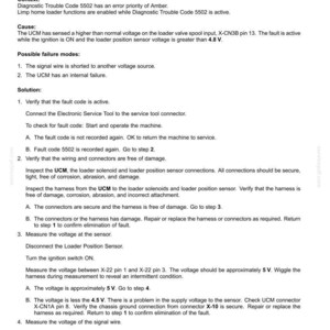 May include: Document titled "5502-Loader Arm Spool Sensor - Sensor Short to Power" with troubleshooting steps for an electrical system fault. Includes diagnostic context, possible failure modes, and solutions. Text includes voltage measurements and connector checks.