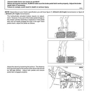 Puede incluir: Una p&aacute;gina de manual t&eacute;cnico titulada Check the brake pedal latching/unlatching 103990984 - V2 - 13 July 2017. Incluye un cuadro de advertencia, dos diagramas de pedales de freno de tractor y un ajuste de horquilla de 147 mm.
