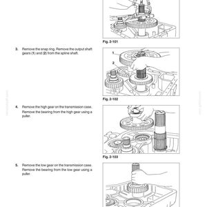 May include: Diagram from a manual showing the disassembly of a transmission. The image includes several illustrations with numbered steps and figures, detailing the removal of gears and bearings using tools like a bearing puller.