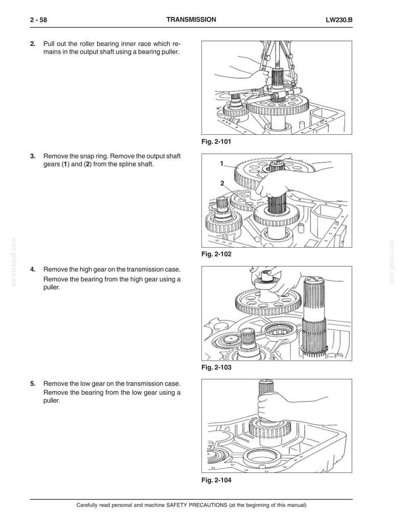 May include: Diagram from a manual showing the disassembly of a transmission. The image includes several illustrations with numbered steps and figures, detailing the removal of gears and bearings using tools like a bearing puller.