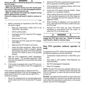 May include: A technical document page titled PTO operation, detailing instructions for rear PTO use with or without an operator in the seat. It includes safety warnings, numbered steps for connecting equipment, and operational procedures for mid and rear PTO.