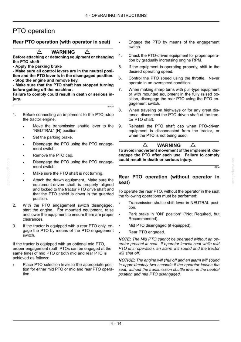 May include: A technical document page titled PTO operation, detailing instructions for rear PTO use with or without an operator in the seat. It includes safety warnings, numbered steps for connecting equipment, and operational procedures for mid and rear PTO.