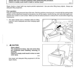 May include: A technical manual page titled 7-MAINTENANCE Ripper shanks and teeth. It includes a WARNING section about flying objects, instructions for replacing ripper shanks, and a CAUTION section regarding heavy objects with two line-art diagrams.