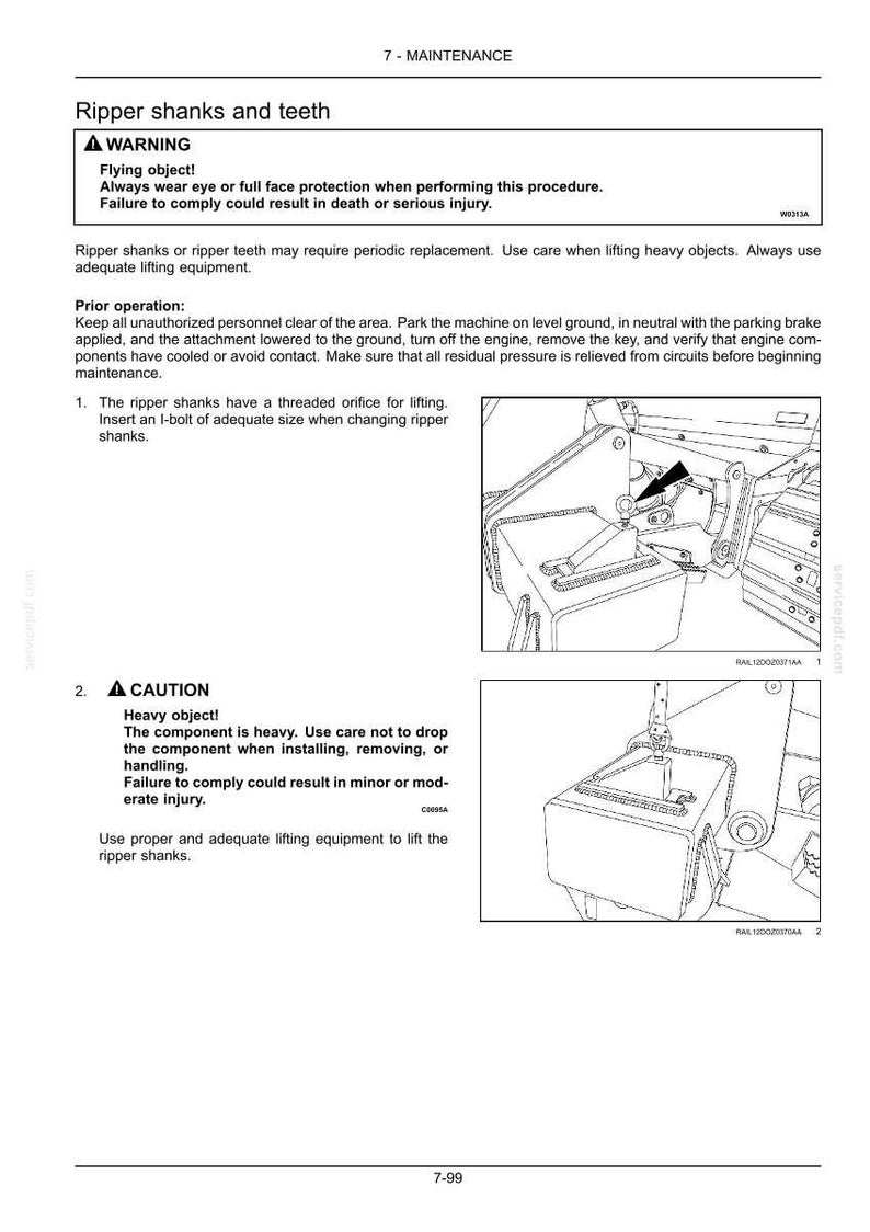May include: A technical manual page titled 7-MAINTENANCE Ripper shanks and teeth. It includes a WARNING section about flying objects, instructions for replacing ripper shanks, and a CAUTION section regarding heavy objects with two line-art diagrams.