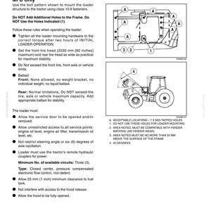 Puede incluir: Diagrama t&eacute;cnico que detalla el funcionamiento del cargador, con diagramas de la estructura del cargador y del tractor. Incluye instrucciones sobre patrones de pernos, banda de rodadura de neum&aacute;ticos (2030 mm) y especificaciones de espacio libre. Texto: "LOADER OPERATION".