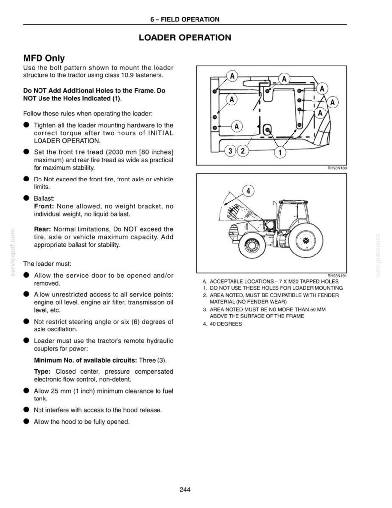 Puede incluir: Diagrama t&eacute;cnico que detalla el funcionamiento del cargador, con diagramas de la estructura del cargador y del tractor. Incluye instrucciones sobre patrones de pernos, banda de rodadura de neum&aacute;ticos (2030 mm) y especificaciones de espacio libre. Texto: "LOADER OPERATION".