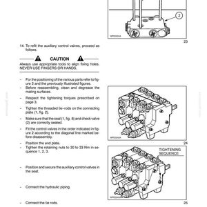 May include: Diagram from a manual showing hydraulic system components. Includes illustrations of valves, tie-rods, and a connecting plate. Text includes warnings and instructions for assembly and tightening sequences.