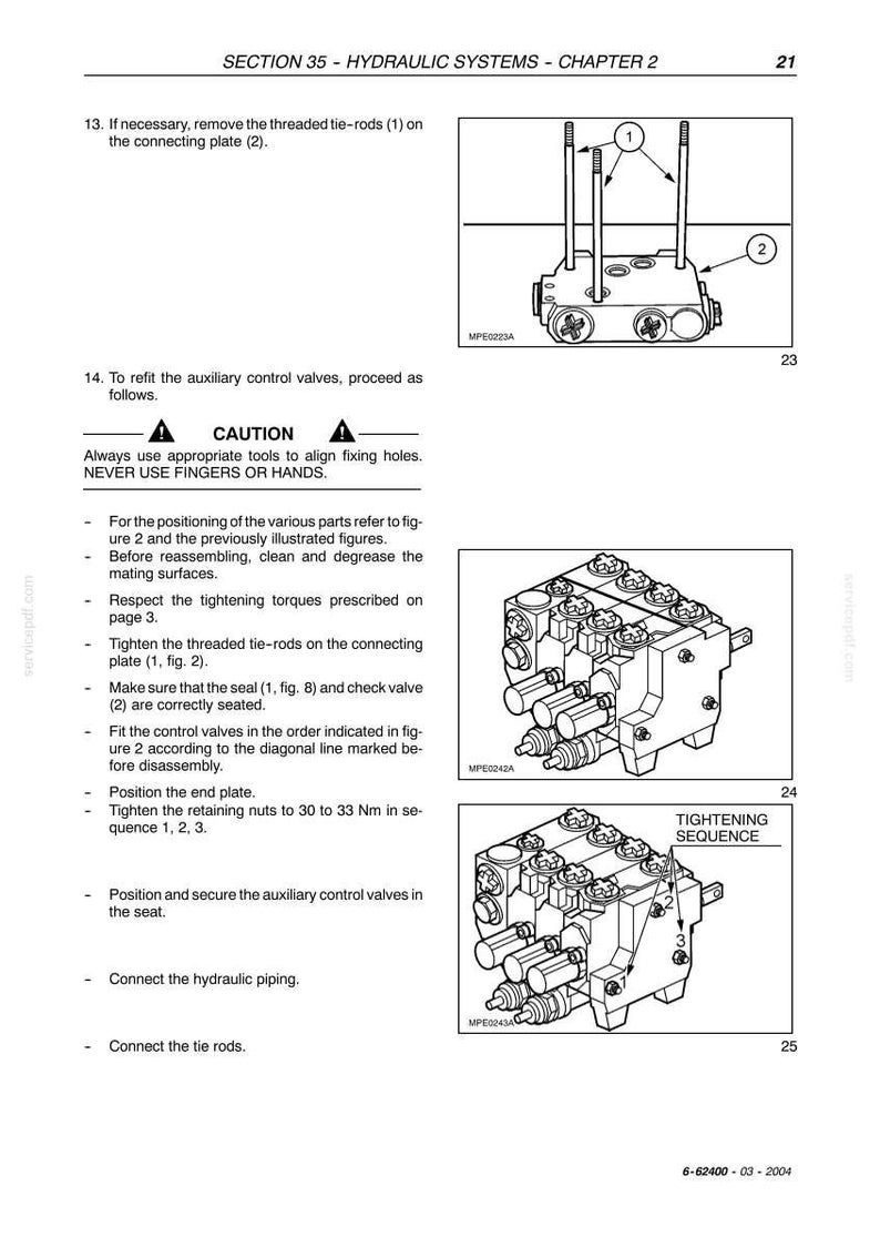 May include: Diagram from a manual showing hydraulic system components. Includes illustrations of valves, tie-rods, and a connecting plate. Text includes warnings and instructions for assembly and tightening sequences.